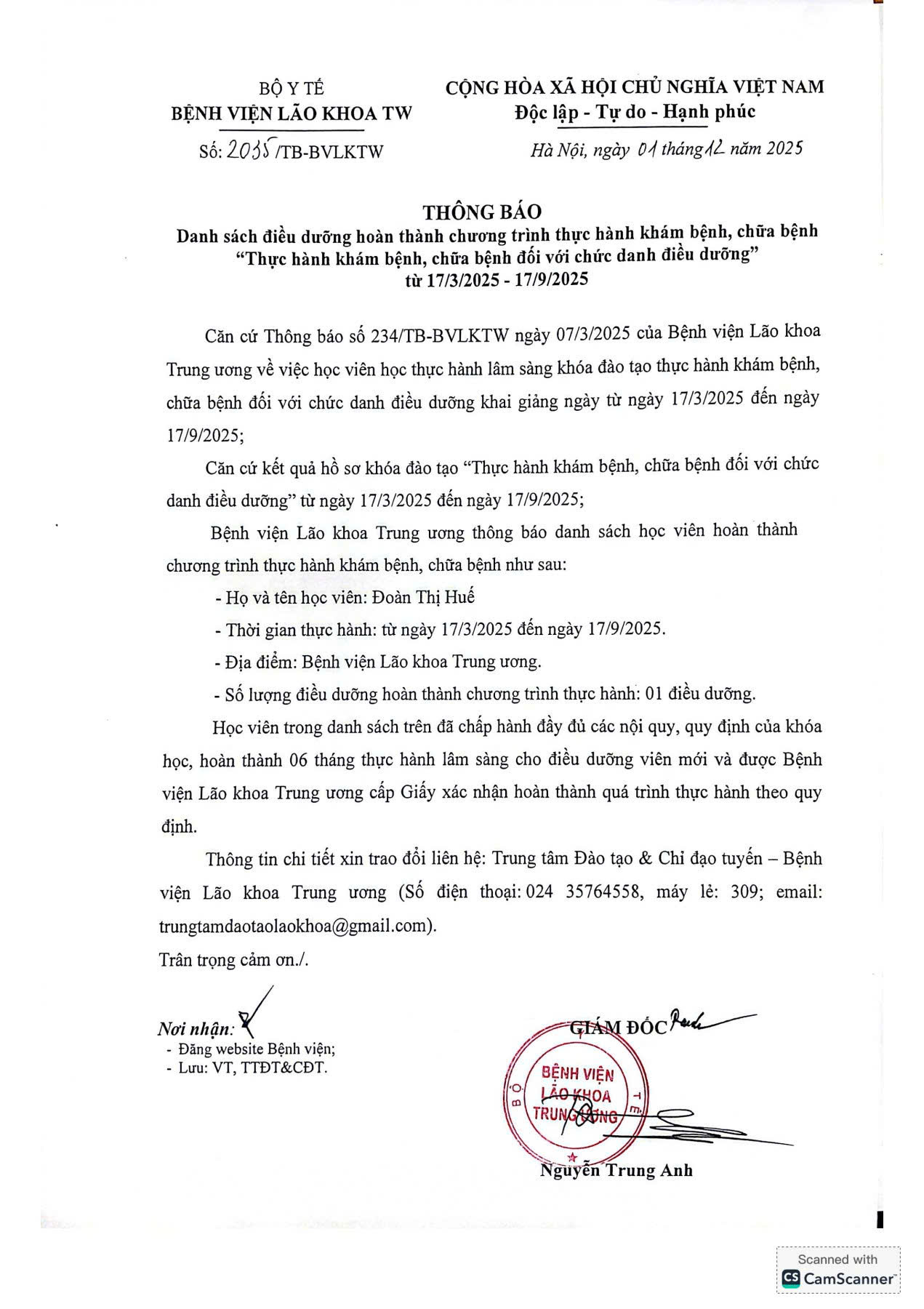 THÔNG BÁO SỐ 2035/TB-BVLKTW NGÀY 01 THÁNG 12 NĂM 2025