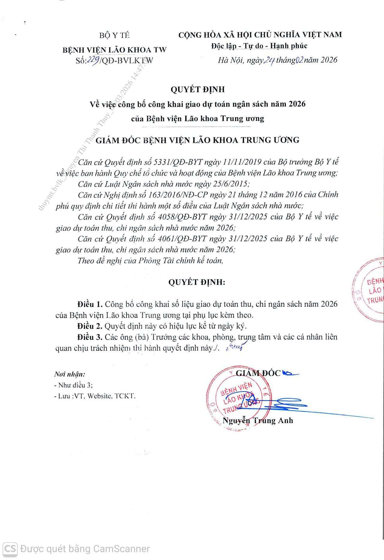 QUYẾT ĐỊNH SỐ 229/QĐ-BVLKTW VỀ VIỆC CÔNG BỐ CÔNG KHAI GIAO DỰ TOÁN NGÂN SÁCH NĂM 2026 CỦA BỆNH VIỆN LÃO KHOA TW