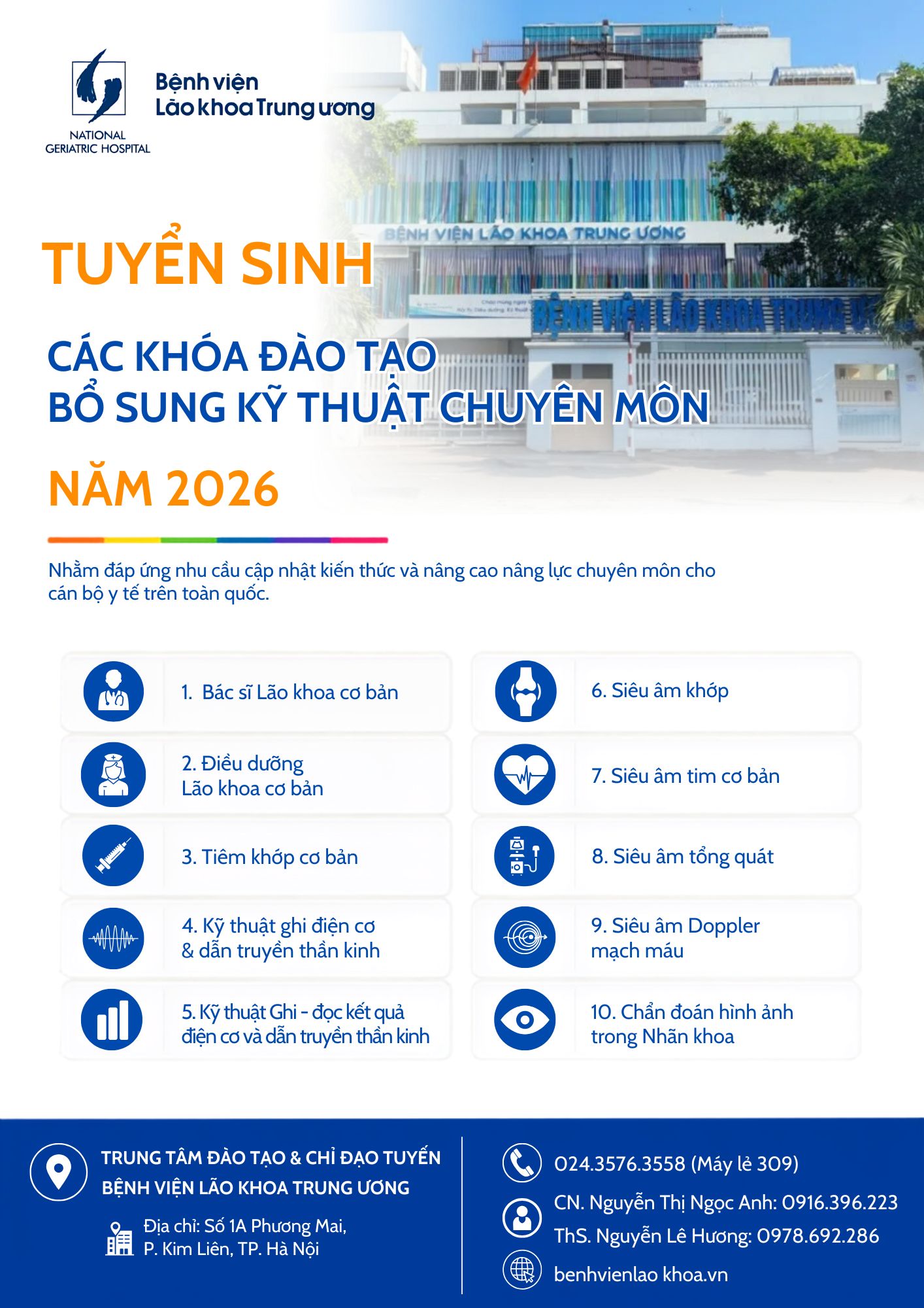 THÔNG BÁO TUYỂN SINH CÁC KHÓA ĐÀO TẠO BỔ SUNG KỸ THUẬT CHUYÊN MÔN KHÁM CHỮA BỆNH NĂM 2026