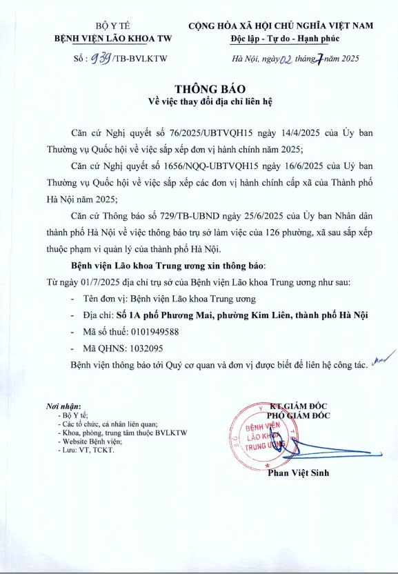 THÔNG BÁO VỀ VIỆC CẬP NHẬT ĐỊA CHỈ BỆNH VIỆN LÃO KHOA TRUNG ƯƠNG SAU KHI SẮP XẾP ĐƠN VỊ HÀNH CHÍNH