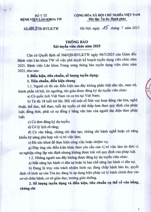 BỆNH VIỆN LÃO KHOA TRUNG ƯƠNG THÔNG BÁO TUYỂN DỤNG VIÊN CHỨC NĂM 2025
