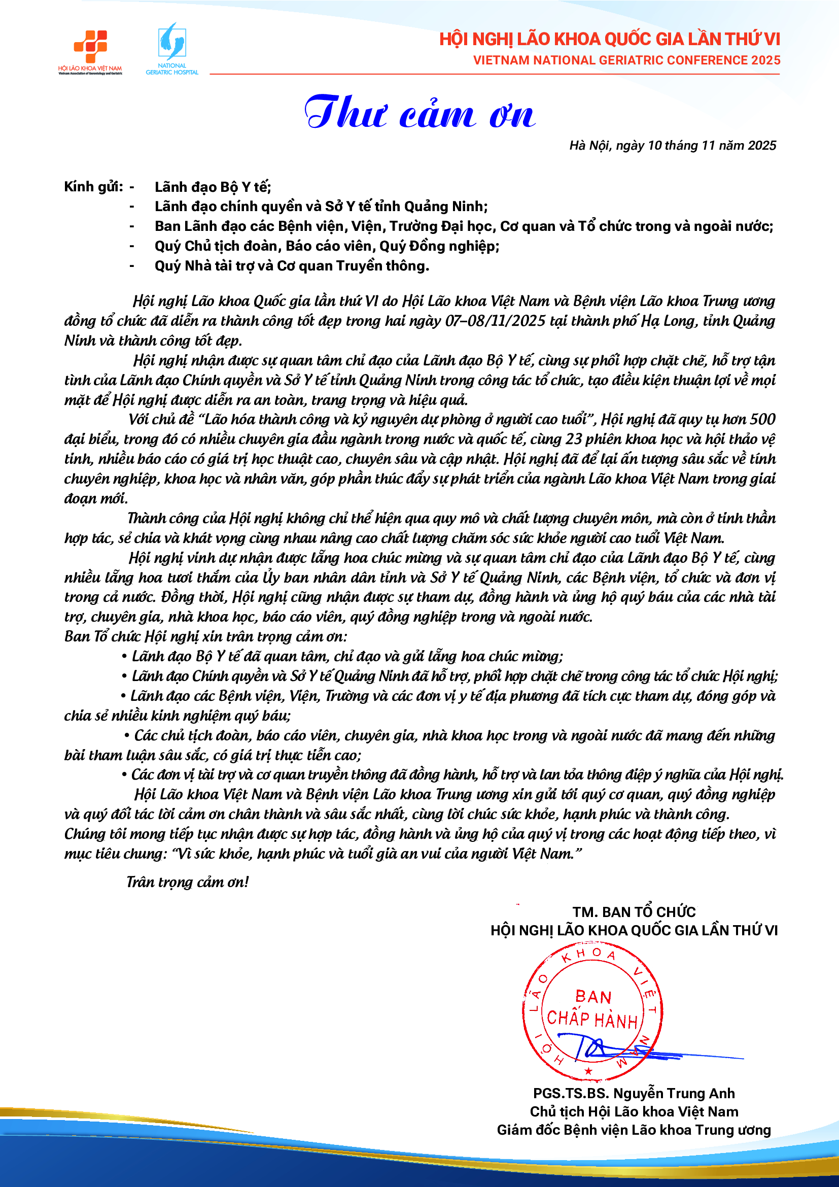 HỘI NGHỊ LÃO KHOA QUỐC GIA LẦN THỨ VI: THƯ CẢM ƠN 