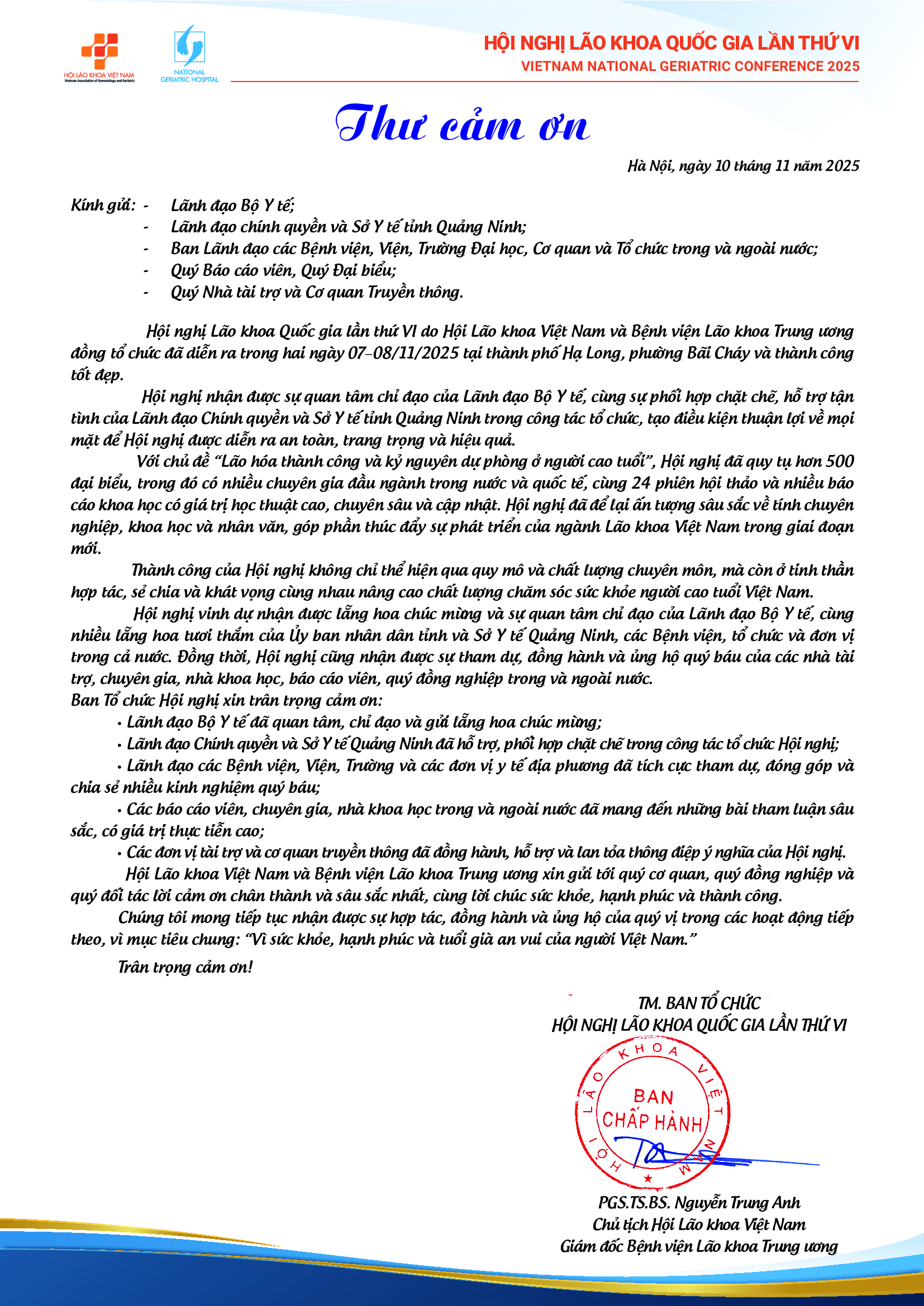 HỘI NGHỊ LÃO KHOA QUỐC GIA LẦN THỨ VI: THƯ CẢM ƠN 